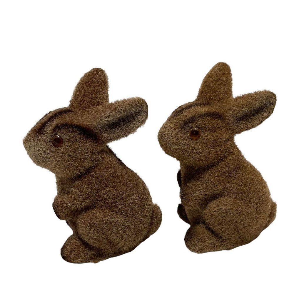 Vintage Set of 2 Flocked Felt Brown Bunny Rabbit Figurines